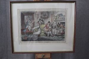 Framed Antique Etching hand coloured 'Matrimonial Harmonics' by James Gillray