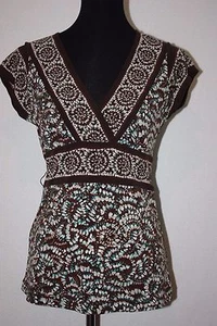 BCBGMAXAZRIA Sz Medium Brown Blue Abstract Print V Neck Tie Back Tunic Top - Picture 1 of 5