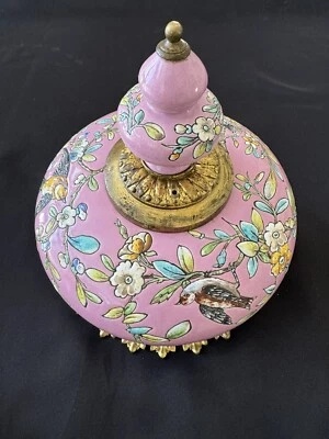 Antique French Porcelain Majolica Chandelier Hanging Lamp Vase Bird Pink Bronze - Image 1 of 4
