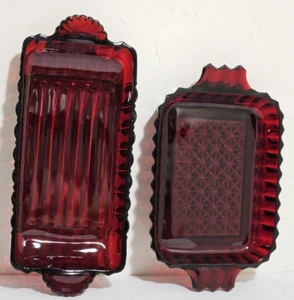 Lote de 2 Platos Relish Caramelo Vidrio Rojo Rubí con Asas Rectángulo - Imagen 1 de 8