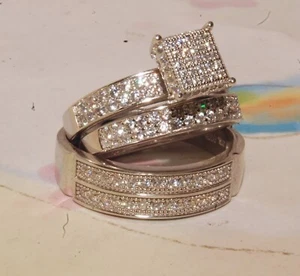 Lab-Created Diamond Wedding Trio His Her Bridal Band Ring Set 14K White G Plated - Picture 1 of 5