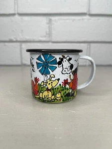 Enamel Granite Ware Child’s Cup Mug Painted Farm Scene Animals Tractor Windmill - Picture 1 of 8