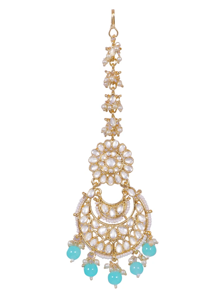 Maang Tikka India Chapado en Oro Azul Kundan Cabeza de Perla Moda Joyería Mangtika Foto 1 de 1