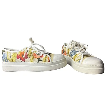 J Slides Women's 9 Noir Floral Embroidered Platform Sneaker White Beige Artsy - Image 1 of 4