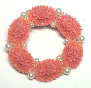 Vintage Coral Color Carved Celluloid Flowers/Roses & Faux Pearl Wreath Brooch - Picture 1 of 5
