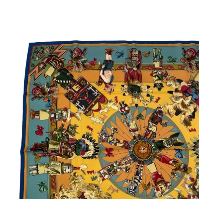 HERMES Carre 90 Kachinas Silk 100% Scarf Shawl Green Multicolor w/ Box Rare Used - Image 1 of 4