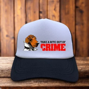 Take A Bite Out Of Crime Mens Trucker Hat Black Snapback Vintage Advertising Cap - Picture 1 of 6
