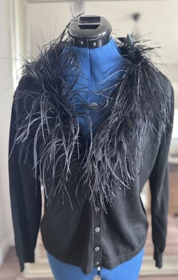 Cárdigan Suéter Años 90 TINA HAGEN Negro Seda Botones Imitación Cuello Pluma Talla M Foto 1 de 4