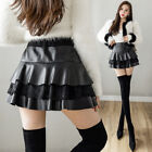 Womens Lace Patchwork High Waist Pu Leather Floral Slim Mini Tiered Skirt Shorts