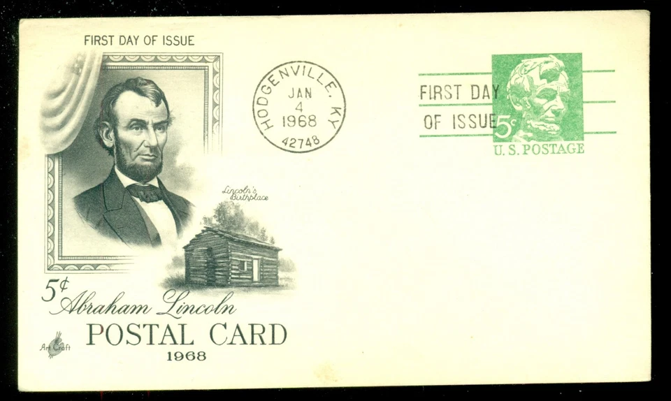 SCOTT # UX55  POST CARD FDC, LINCOLN, ARTCRAFT CACHET,  GREAT PRICE! - Image 1 of 1