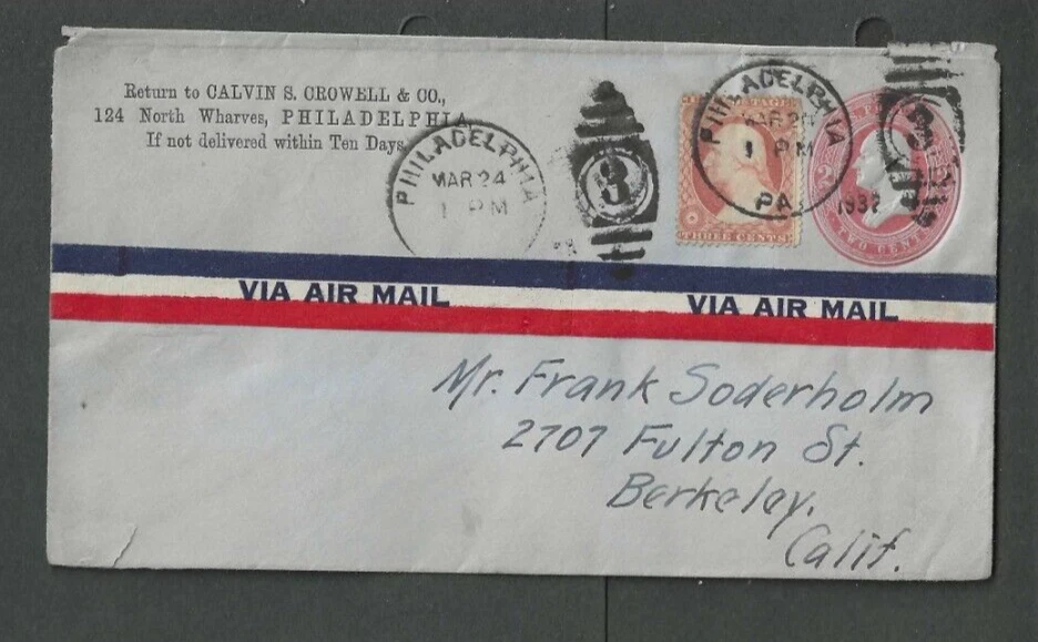 1937 #U233 Used Entire 2c Carmine On Blue W/#25 Combined To Make 5c Airmail----- - Image 1 of 1