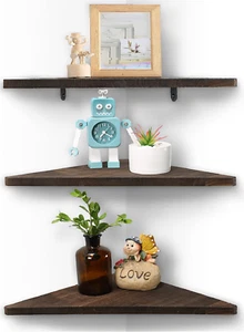 Corner Wall Shelf Set of 3, Floating Corner Shelves for Wall, Rustic Wood Wall S - Picture 1 of 12