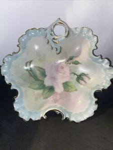 Vintage German Pink Rose Flowers Gold Ruffle Candy DishHand Painted. B.Kinard - Picture 1 of 9