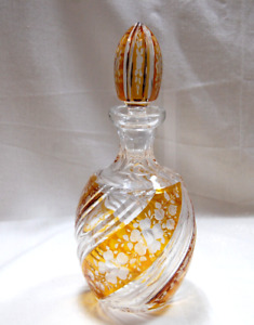 Bohemian Flashed Amber Glass Decanter Engraved Floral Design Bohemia Glass