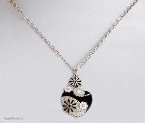 Halskette mit Herzanhänger schwarz Blüten Swarovski-Kristalle L 42 cm - Bild 1 von 2