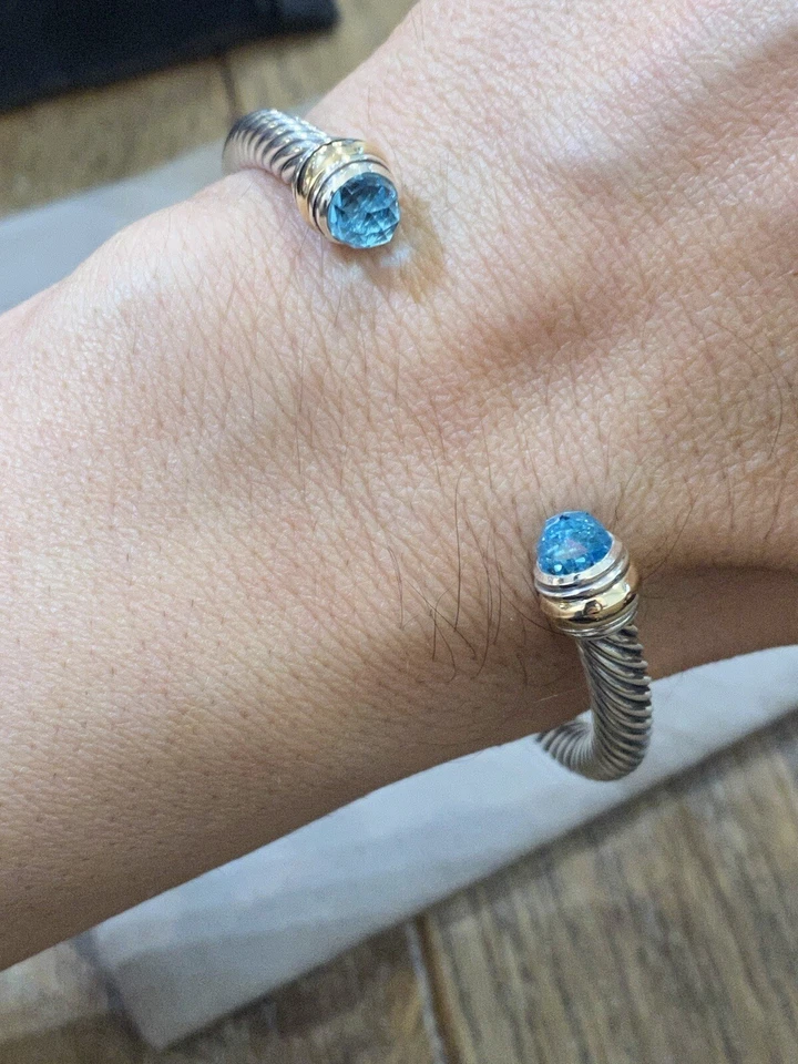 USADO David Yurman Plata de Ley TOPACIO AZUL y Oro 14K 5mm BRAZALETE PEQUEÑO Foto 1 de 4
