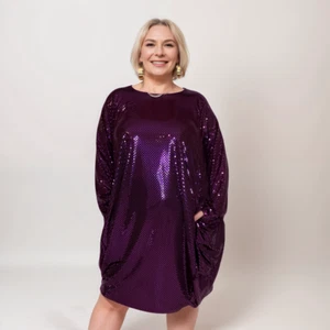 ROCKTHOSECURVES WOMENS DRESS PURPLE SPARKLY LOOSE FITTED DIPPED HEM WITH POCKETS - Picture 1 of 4
