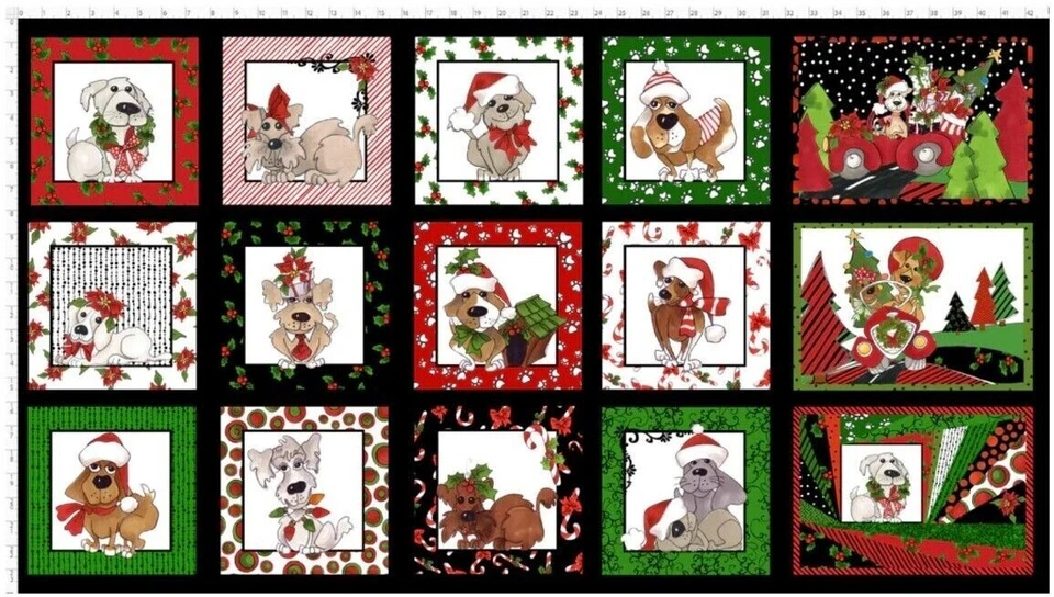 Loralie DOGGIE HOLIDAY Panel Black Quilt Fabric 24" x 43/44"  #692-549 - Image 1 of 1