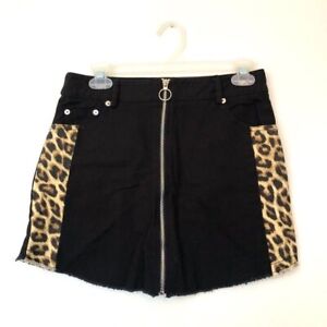 FOREVER 21 Leopard Denim Skirt Black Tan Cheetah Animal High Waisted Mini Medium