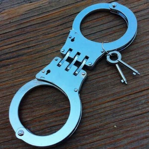 REAL Police Handcuffs DOUBLE LOCK Professional SILVER STEEL Hand Cuffs w/ Keys - Picture 1 of 6