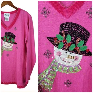 Quacker Factory Sweater Large Snowman Beaded Sequin Pullover Snowflake Womens - Picture 1 of 6