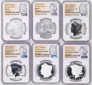 2023 $1 Complete 6-Coin Morgan and Peace Silver Dollar Set MS70 PF70 NGC FDOI - Picture 1 of 14