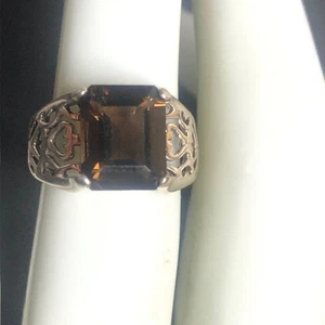 8651 Sterling Silver 925 Filigree Ring Size 5 emerald cut Smoky Quartz 3.4grams - Picture 1 of 4