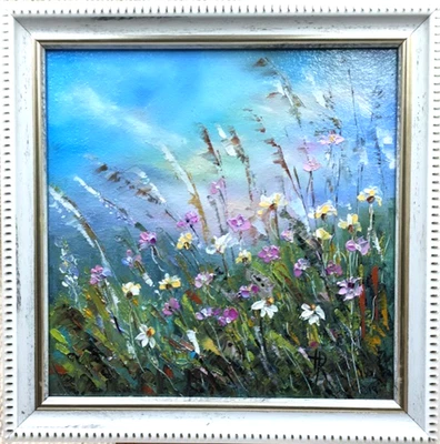 Painting Original Oil 6x6in Blooming Flowers Wildflower Floral  Impasto Art - image 1 of 4