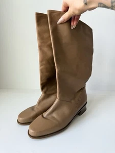 Markon Shelly Brazil Leather Pull On Calf High Block Heel Boots Size 10W Beige - Picture 1 of 8
