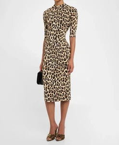 Alice & Olivia Delora figurbetontes Midikleid tailliert 12 Leopardenmuster Stehkragen neu mit Etikett - Bild 1 von 15