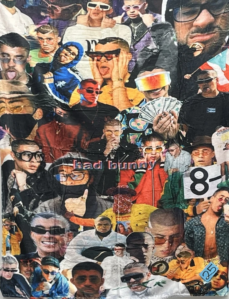 Bad Bunny Throw Blanket 3 X 4 Polyester New Collage Fluffy For Binging And More - Image 1 of 1