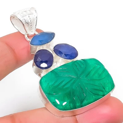 Greensimulated, Blu Giada Gemma 925 Argento Sterling Ciondolo Gioielli 5.5cm - Immagine 1 di 4