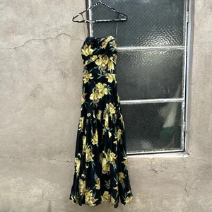 Vintage 1930s Black & Yellow Daffodil Print Dress Cotton Maxi Floral Print 1940s - Picture 1 of 18