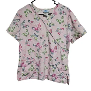 SB Scrub Top Womens Medium Pink Butterfly Print Short Sleeve Medical Uniform - Picture 1 of 4