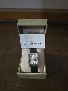 Judith Ripka silberfarbenes Zifferblatt rechteckiges Gehäuse schwarzes Lederband Uhr - Bild 1 von 10