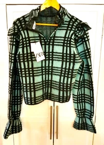 Zara Aqua Wool/Mohair/Alpaca Blend Plaid Ruffle Shoulder Short Sweater Size M - Picture 1 of 6