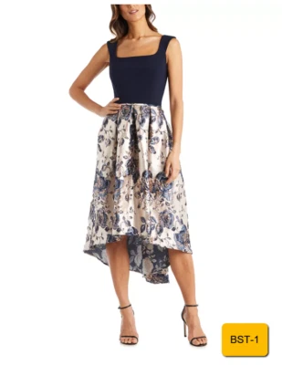R M RICHARDS PETITE FLORAL FIT FLARE DRES NAVYGOLD 4P - Image 1 of 3