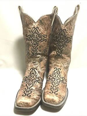 CORRAL Bronze Crystal Embroidered Cross Womens Distressed Cowgirl Boots Sz 8M - Image 1 of 4