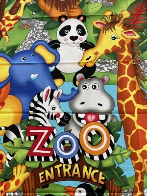 Zoo Jungle Animal Zebra Giraffe Fabric Panel Cotton Juvenile Quilt Kids Hippo - Image 1 of 4