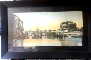 Antique Art Deco Large GLAZED FRAMED PICTURE Old City River PRINT VINTAGE - Picture 1 of 6
