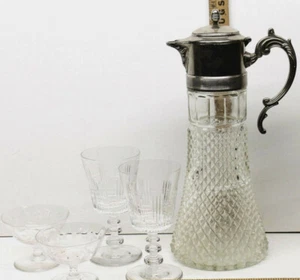 Decantador de vidrio cortado vintage de 14" + vasos de beber de tallo de 2 patas + 2 postres - Imagen 1 de 12
