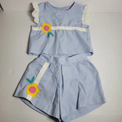 Vintage Cookies Corner Cottagecore Girls 4T Azul Blanco Rayas Floral 2 Piezas Foto 1 de 4