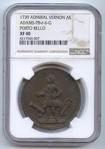 Panama 1739 Admiral Vernon Medal (#1216) Porto Bello. Adams-Pbvi-6-G. NGC XF40.  - Picture 1 of 4