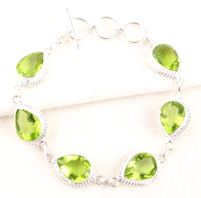 Gorgeous Peridot Gemstone 925 Sterling Silver Handmade Jewelry Bracelet 8" - Image 1 of 4