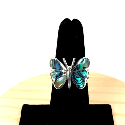 Anillo de plata de ley 925 y concha de abulón - Mariposa - Regalo - Elige el tamaño Foto 1 de 4