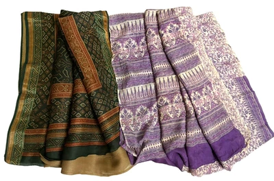 Lote de 2 piezas de sari estampado indio vestido envolvente usado tela artesanal sari vintage Foto 1 de 4