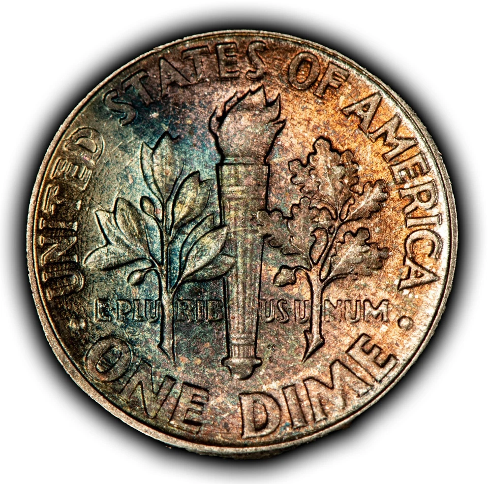 1959 10c Silver Roosevelt Dime - PQ Rainbow Toning - BU - SKU-Z6336 - Image 1 of 4