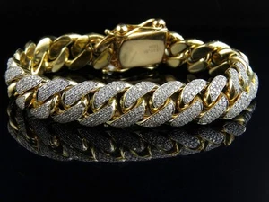 Mens Solid 10K Yellow Gold Miami Cuban Link 14 MM Diamond Bracelet 10.5 ct - Picture 1 of 9