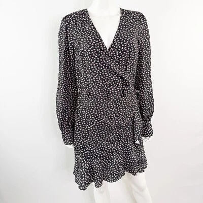 Vestido Barneys New York Negro Micro Floral Envolvente Talla L Manga Larga Cuello en V Informal Foto 1 de 4