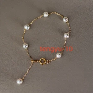 ELEGENT AAAA+ 6-7mm Natural Akoya White Pearl Bracelet 14k Gold 7.5-8" - Picture 1 of 4